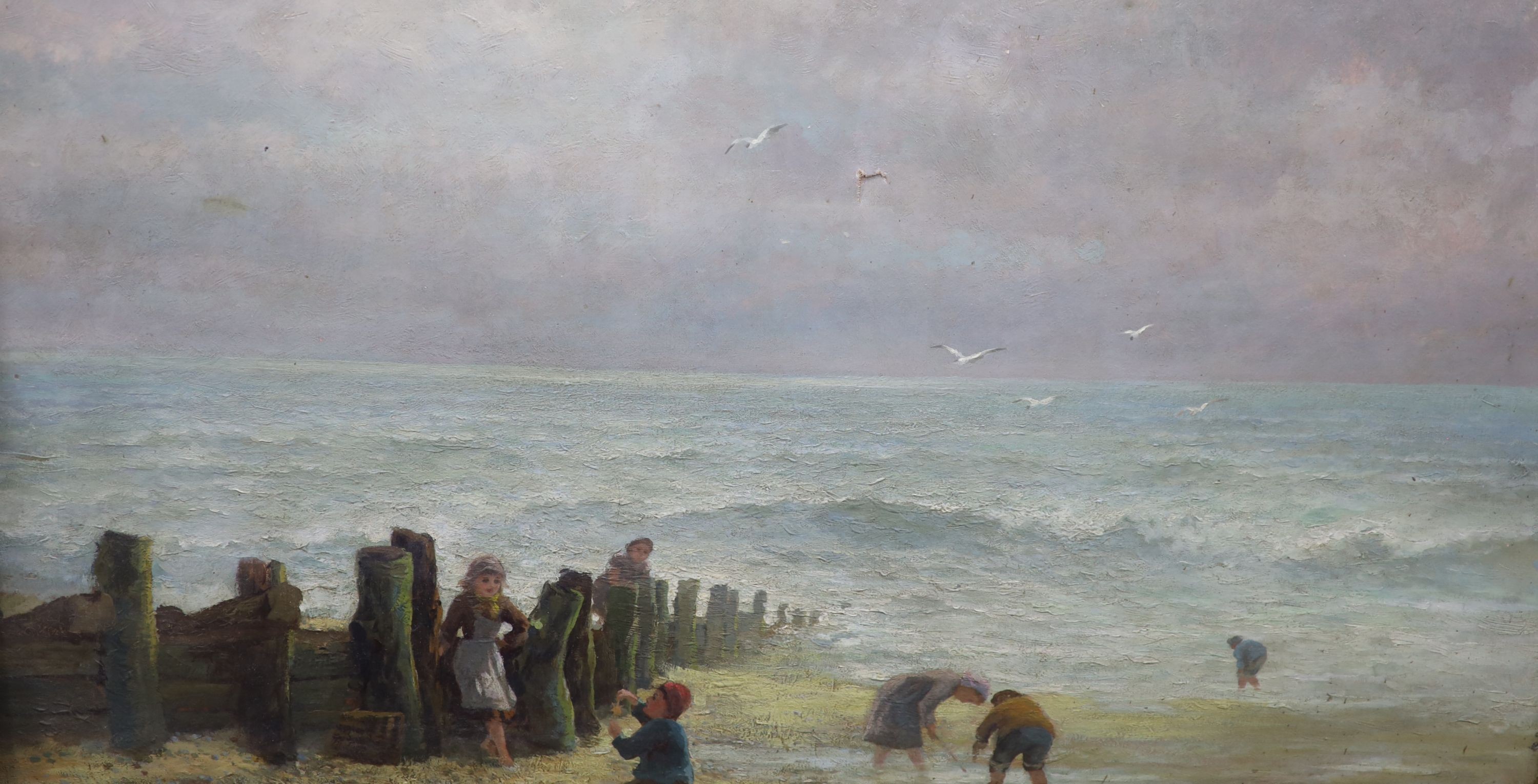 After Eugene Boudin, oil on canvas, children on the beach, 1899 Exposition Eugene Boudin label verso, 61 x 92cm.